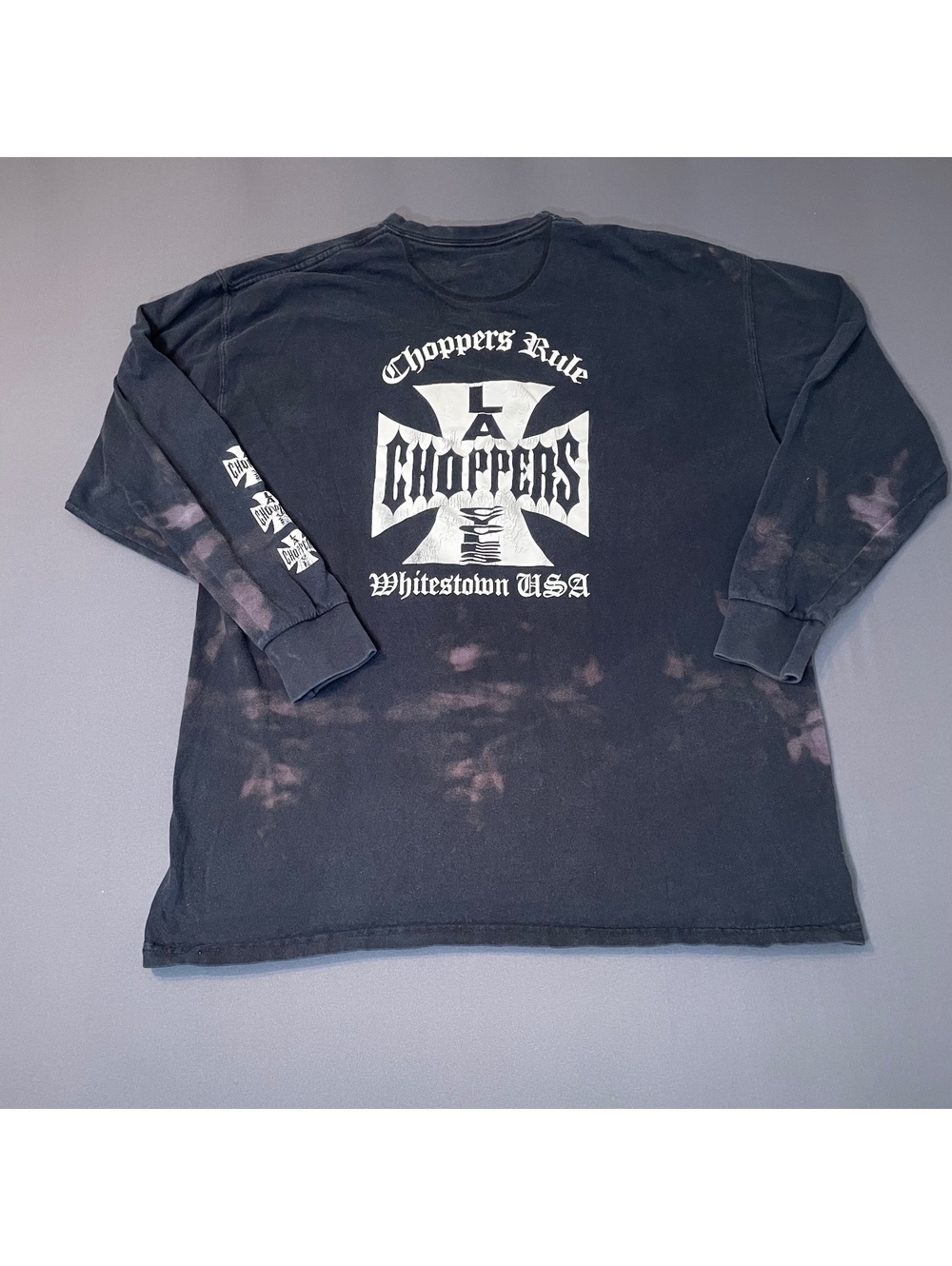 LA Choppers Rule Whitestown USA Black Long Sleeve Graphic T-Shirt Bleach Stain